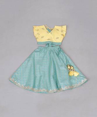 Yellow & aqua blue honey bee print ghagara set 1