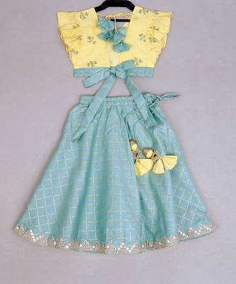 Yellow & aqua blue honey bee print ghagara set 2