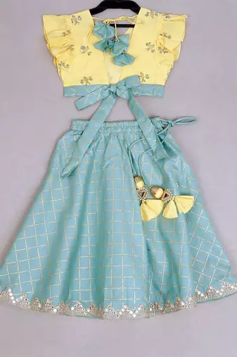 Yellow & aqua blue honey bee print ghagara set
