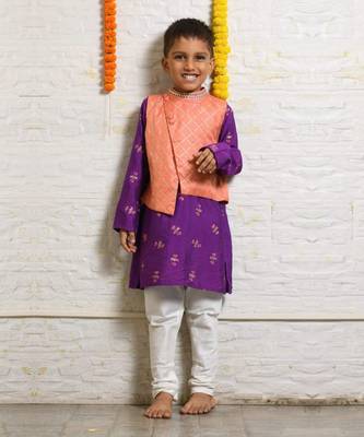 Peach & purple honey bee printed jacket kurta set 1