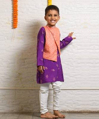 Peach & purple honey bee printed jacket kurta set 2