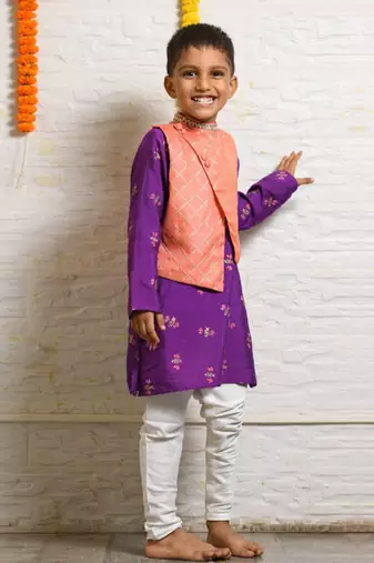 Peach & purple honey bee printed jacket kurta set