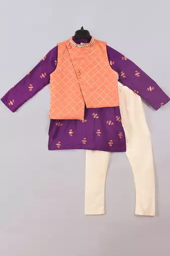 Peach & purple honey bee printed jacket kurta set