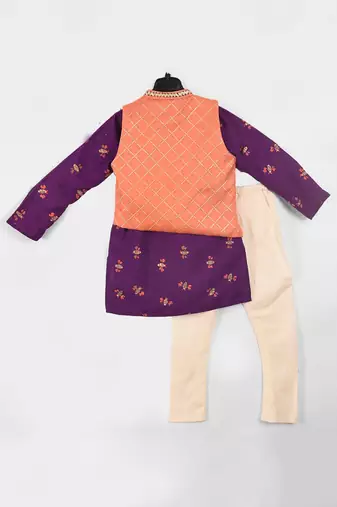 Peach & purple honey bee printed jacket kurta set