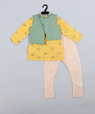 Aqua blue & yellow honey bee printed jacket kurta set 1