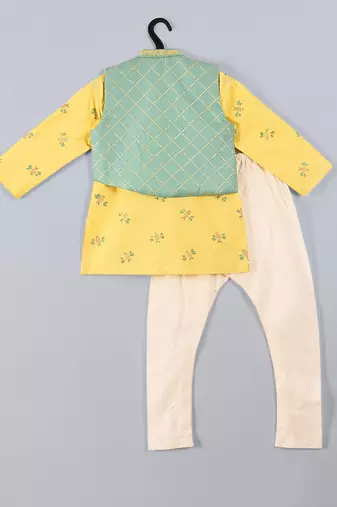 Aqua blue & yellow honey bee printed jacket kurta set