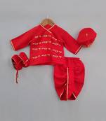 Red jamana bird embroidery dhoti set