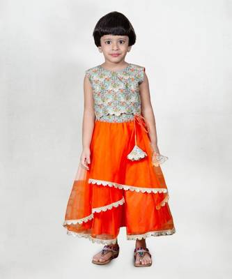 Orange printed embroidered layered ghagara set 1