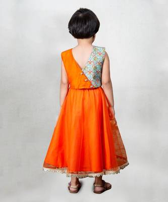 Orange printed embroidered layered ghagara set 2