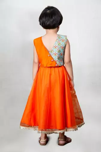 Orange printed embroidered layered ghagara set