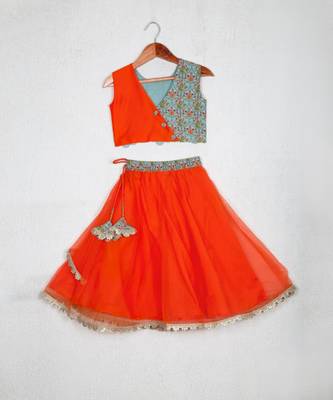 Orange printed embroidered layered ghagara set 3