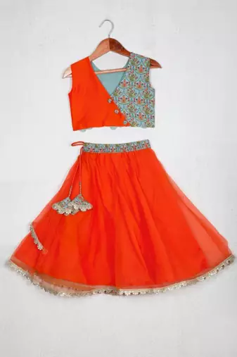 Orange printed embroidered layered ghagara set