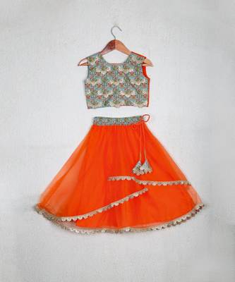 Orange printed embroidered layered ghagara set 4