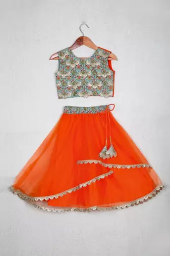 Orange printed embroidered layered ghagara set
