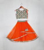 Orange printed embroidered layered ghagara set