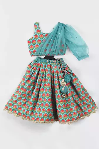 Blue printed flower flamingo ghagara set