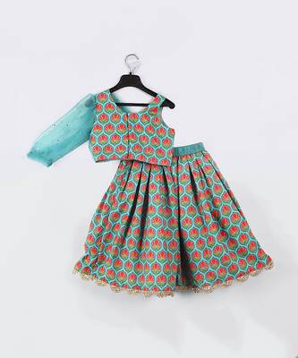 Blue printed flower flamingo ghagara set 2