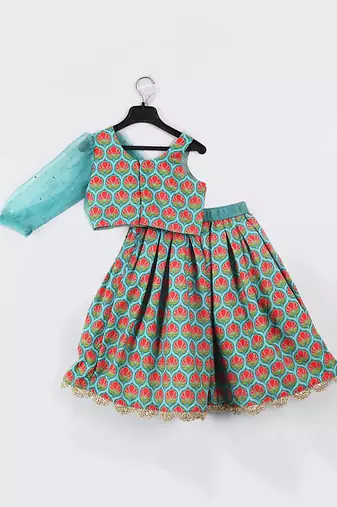 Blue printed flower flamingo ghagara set