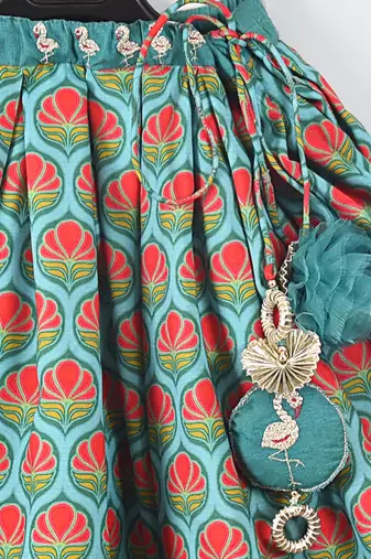 Blue printed flower flamingo ghagara set