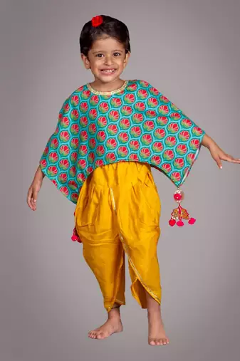Blue printed ponchu with dhoti pant
