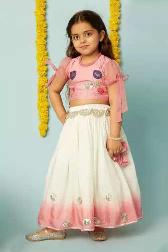 Pink shaded embroidered ghagara set
