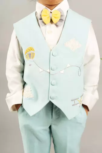 Aqua blue embroidered waist coat set
