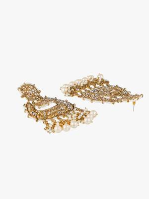 Gold-plated stone-studed pearl-tessel drop earrings 2