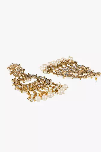 Gold-plated stone-studed pearl-tessel drop earrings
