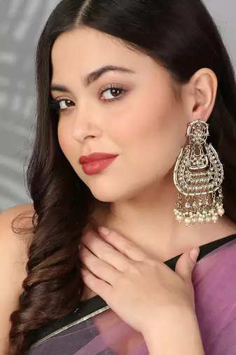 Gold-plated stone-studed pearl-tessel drop earrings