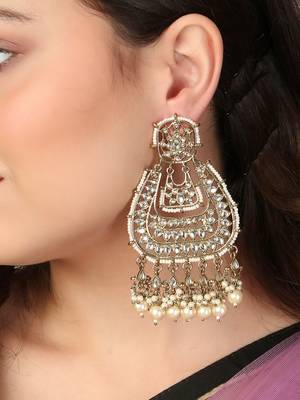 Gold-plated stone-studed pearl-tessel drop earrings 4