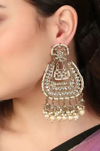 Gold-plated stone-studed pearl-tessel drop earrings