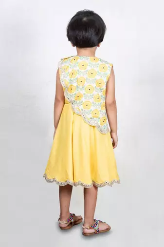 Yellow dress with floral printed cape