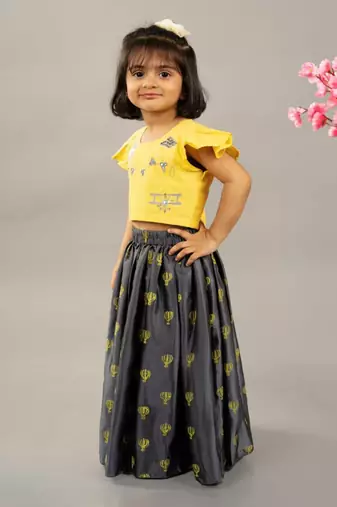Yellow & grey balloon printed ghagara set
