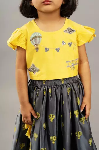 Yellow & grey balloon printed ghagara set