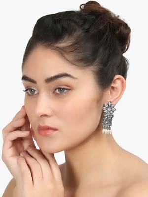 Women silver-plated oxidised stone-studded earrings 2