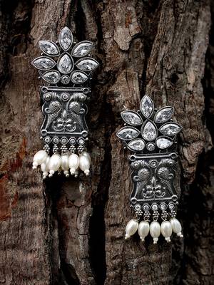 Women silver-plated oxidised stone-studded earrings 1