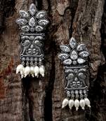 Women silver-plated oxidised stone-studded earrings