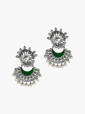 Women silver-plated green stone-studded drop  earrings 2