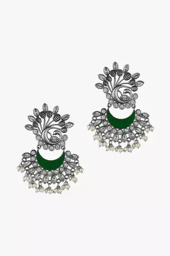 Women silver-plated green stone-studded drop  earrings