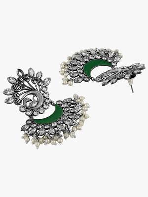 Women silver-plated green stone-studded drop  earrings 3