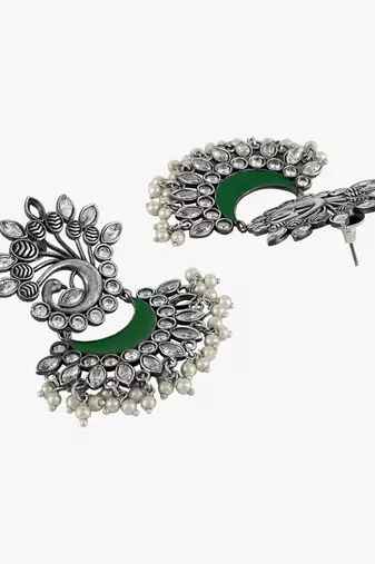 Women silver-plated green stone-studded drop  earrings