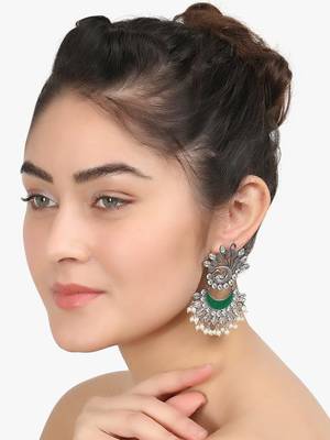 Women silver-plated green stone-studded drop  earrings 4