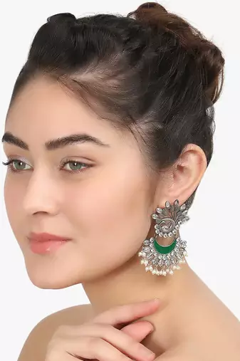 Women silver-plated green stone-studded drop  earrings