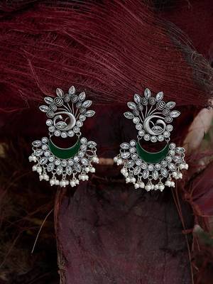 Women silver-plated green stone-studded drop  earrings 1