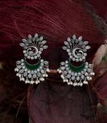 Women silver-plated green stone-studded drop  earrings