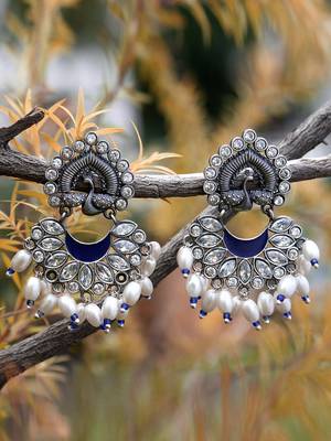 Women silver-plated peacock shaped stone-studded oxidised earrings 1