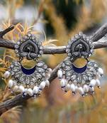 Women silver-plated peacock shaped stone-studded oxidised earrings