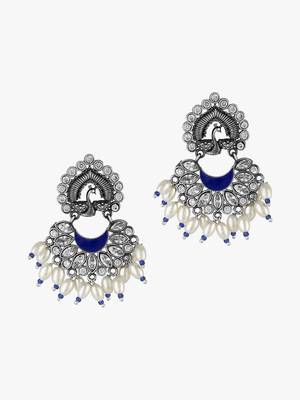 Women silver-plated peacock shaped stone-studded oxidised earrings 2