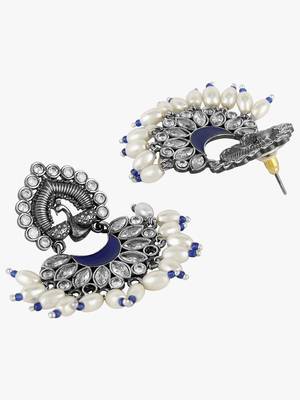 Women silver-plated peacock shaped stone-studded oxidised earrings 3
