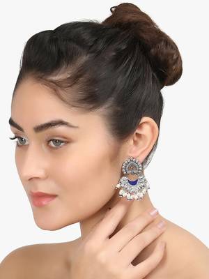 Women silver-plated peacock shaped stone-studded oxidised earrings 4
